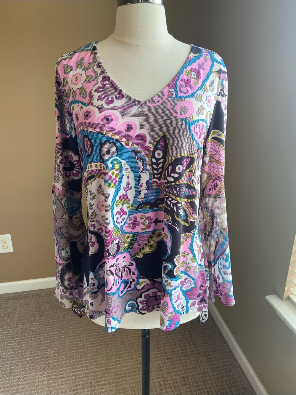 Coco Bianco Paisley Bell Sleeve Top‎ Medium, Boho Whimsy Retro Festival Hippie